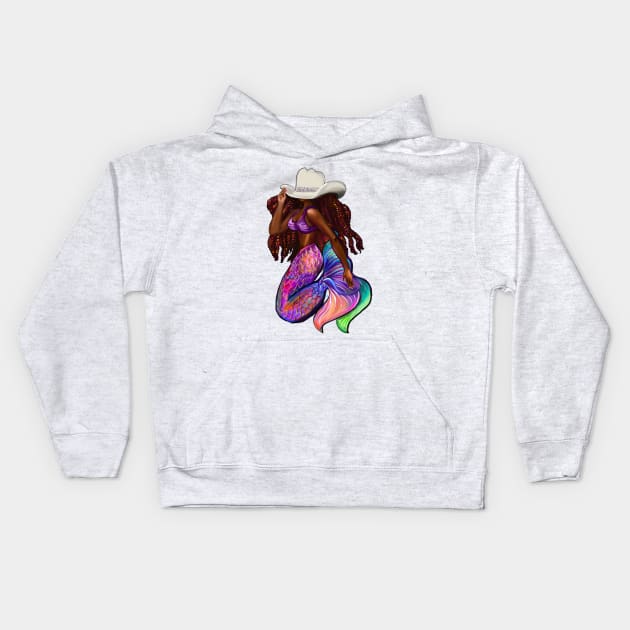 Cow girl Mermaid with flowing red locs and Country Cow boy hat Afro hair and brown skin. Black mermaid Kids Hoodie by Artonmytee